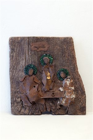 Tilman Jurij Trinità Scultura in legno e metalli recuperati, cm. 53x52x6