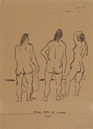 FELICE CARENA (1879-1966) Donne nude sul mare 1949china su carta cm...