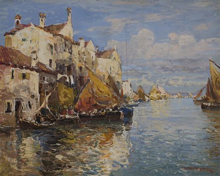 Fausto Pratella (Napoli 1888 - 1946) - "Paesaggio costiero con barche" olio...