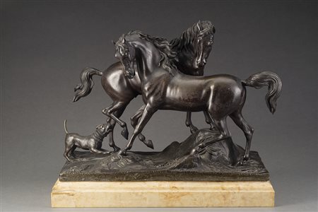 Maestro del XIX secolo "Cane e cavalli" scultura in bronzo (cm 25x32)...