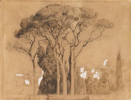 Antonio Fontanesi (Reggio Emilia 1818 - Torino 1882) - "Paesaggio con alberi...
