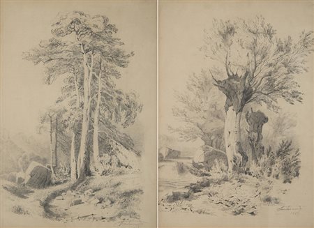 Leonardo Fea (Torino 1852 - 1903) - "Paesaggi" 1869 coppia di disegni a...