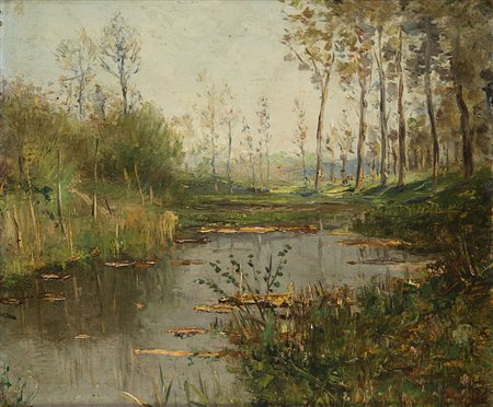 Ambrogio Raffaele (Vigevano 1845 - 1928) - "Paesaggio fluviale" 1907 olio su...