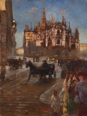 Enrico Sorio (Verona 1862 - Milano 1907) - "Milano. Carrozze e figure in...