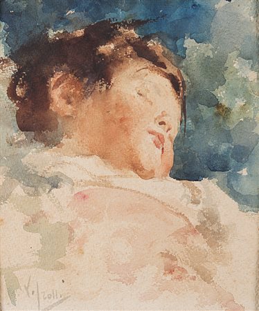 Vincenzo Irolli (Napoli 1860 - 1949) - "Bambino dormiente" acquerello su...