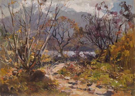 Paolo Sala (Milano 1859 - 1924) - "Scorcio lacustre con alberi e montagne...