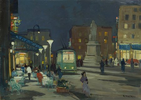 Renato Natali (Livorno 1883 - 1979) - "Piazza Cavour-Caffè Bristol" 1960 olio...