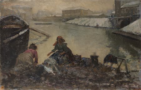 Carlo Paolo Agazzi (Milano 1870 - 1922) - "Naviglio innevato con lavandaie"...