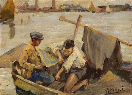 Alessandro Milesi (Venezia 1856 - 1945) - "Giovani pescatori in laguna" olio...