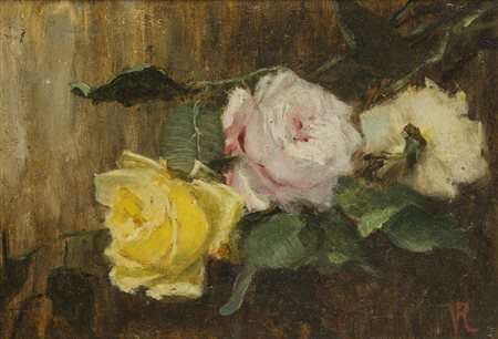 Virgilio Ripari (Asola 1843 - Milano 1902) - "Rose" olio su cartone (cm...