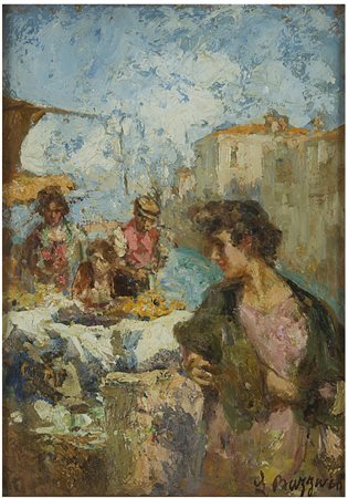 Leonardo Bazzaro (Milano 1853 - 1937) - "Mercato della frutta. Chioggia" olio...