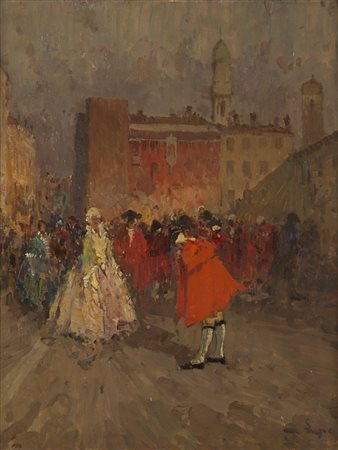 Alessandro Lupo (Torino 1876 - 1953) - "Piazza con figure in maschera" olio...