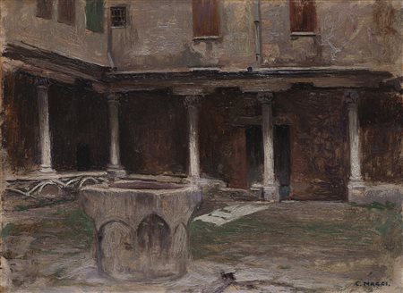 Cesare Maggi (Roma 1881 - Torino 1961) - "Chiostro con pozzo" olio su...