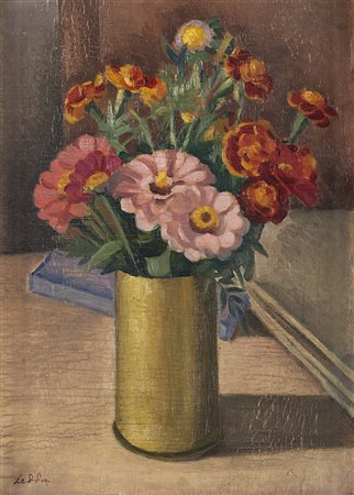 Marius Ledda (Cagliari 1880 - Roma 1965) - "Vaso con fiori" olio su cartone...