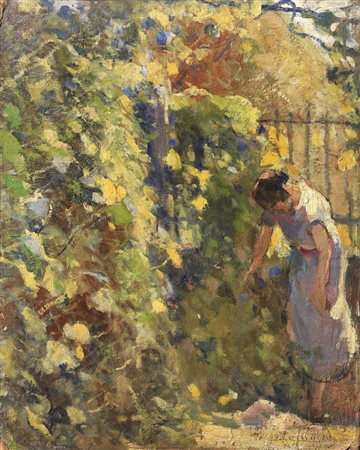 Ludovico Tommasi (Livorno 1866 - Firenze 1941) GIOVANE DONNA IN GIARDINO olio...