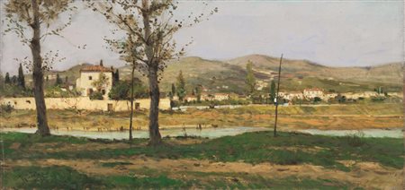 Raffaello Sorbi (Firenze 1844 - 1931) PAESAGGIO TOSCANO olio su tavoletta, cm...