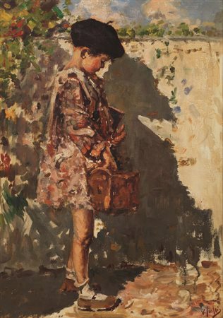 Vincenzo Irolli (Napoli 1860 - 1949) VERSO LA SCUOLA olio su tela, cm 70x51...