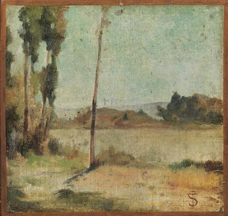 Telemaco Signorini (Firenze 1835 - 1901) SULL'ARNO olio su tela, cm 19x20...