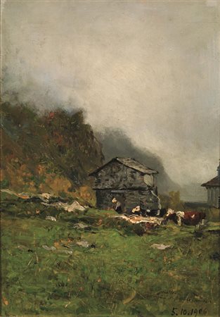 Lorenzo Delleani (Pollone (Biella) 1840 - Torino 1908) SCENDE LA NEBBIA olio...