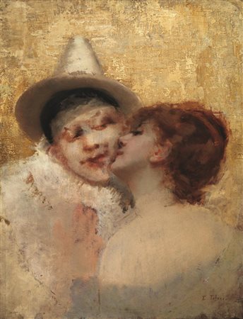 Eduardo Tofano (Napoli 1838 - Roma 1920) IL BACIO olio su tavola, cm 61x46,5...