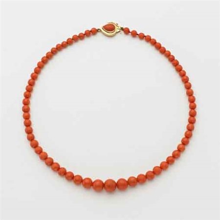 Collana di corallo arancione/rossastro mediterraneo con boules rotonde a...