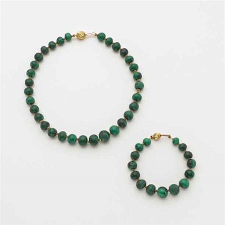 Demi-parure di boules scalate di malachite con chiusura e distanziatori in...