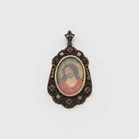 Pendente in oro e argento, rubini sintetici, immagine sacra, g.10,40...