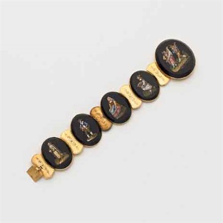 Bracciale in oro giallo con cinque micromosaici su onice lunghezza 16,50 cm...