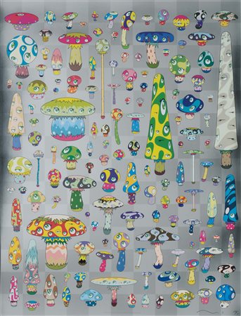 Takashi Murakami (1962), Mushrooms, litografia a colori su carta argento, cm...