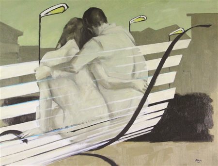 Luigi Biffi Gli Amanti di Milano, 1988, acrilico su tela di juta, cm. 60x80,...