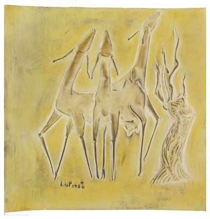 Mario Porcù Senza titolo, pittura lastra di rame sbalzato, cm. 29x29, firmata...