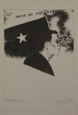 Bruno Caruso Per il Vietnam Unito e Libero, incisione su carta, cm. 50x35...