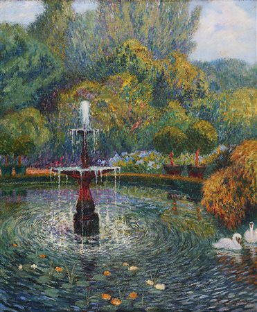 LIONNE ENRICO (1865 - 1921) Fontana in un giardino. Olio su tela. Cm 46,50 x...
