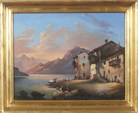 CANELLA GIUSEPPE (1837 - 1913) Veduta del lago di Como. Olio su tela . Cm...