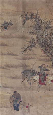 Arte Cinese Dipinto raffigurante cavalli, arcieri e stallieri Anonimo, XVIII...