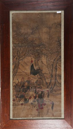 Arte Cinese Dipinto su seta raffigurante dei cavalieri con bandiere Anonimo,...