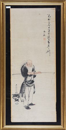 Arte Cinese Xiao Shi Dipinto su carta raffigurante un pescatore. Firmato e...