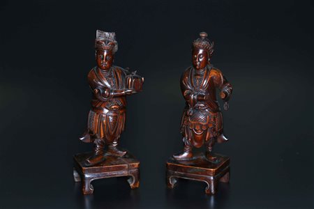 Arte Cinese Coppia di sculture in legno raffiguranti guerrieri Cina, dinastia...