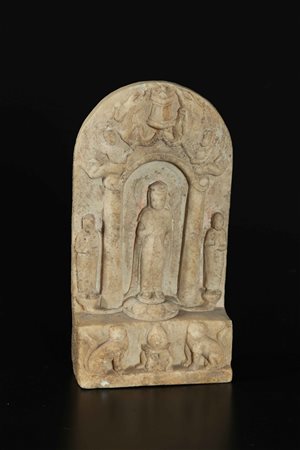 Arte Cinese Altare in marmo raffigurante Buddha e due attendenti Cina,...