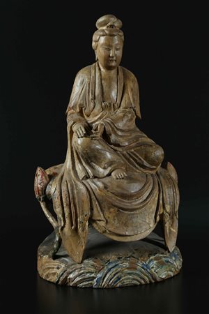 Arte Cinese Statua in legno con tracce di policromia raffigurante Guanyin...