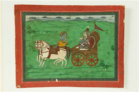 Arte Indiana Dipinto raffigurante Arjun su un carro India, Mewar, XIX secolo...