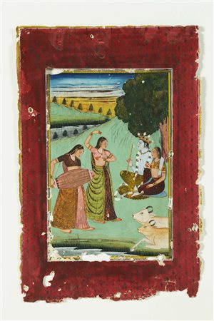 Arte Indiana Miniatura raffigurante Krishna e Radha intrattenuti da due...