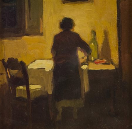 Cafiero Filippelli, Livorno 1889 - 1973, Interno con figura , Olio su tavola,...