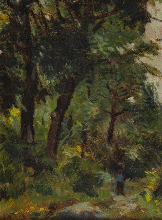 Corrado Michelozzi, Livorno 1883 - 1965, Figura nel bosco , Olio su cartone,...