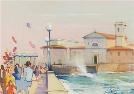 Dino Pelagatti, Livorno 1932 - , Marina con figure , Olio su tela, cm. 50x70,...