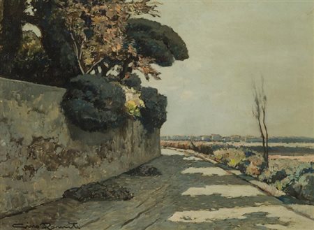 Gino Romiti, Livorno 1881 - 1967, Strada , Olio su faesite, cm. 30x40,...