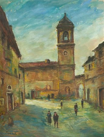 Michele Cascella, Ortona 1892 - Milano 1989, Piazza con figure 1935, Olio e...