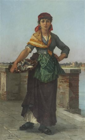 Alessandro Milesi, Venezia 1856 - 1945, Pescatrice , Olio su tela, cm. 89x56,...