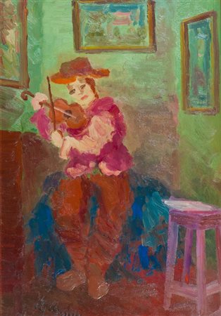 Guido Guidi, Livorno 1901 - 1998, Violinista , Olio su tavola, cm. 50x35,...