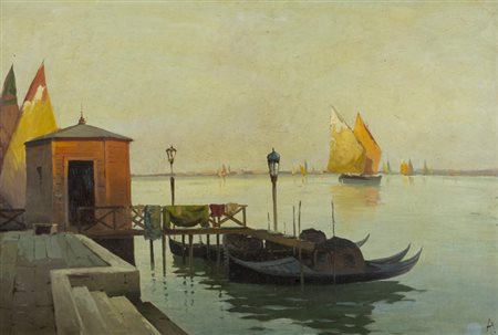 Anonimo, - , Laguna , Olio su tavola, cm. 68x100, Siglato in basso a destra., ,